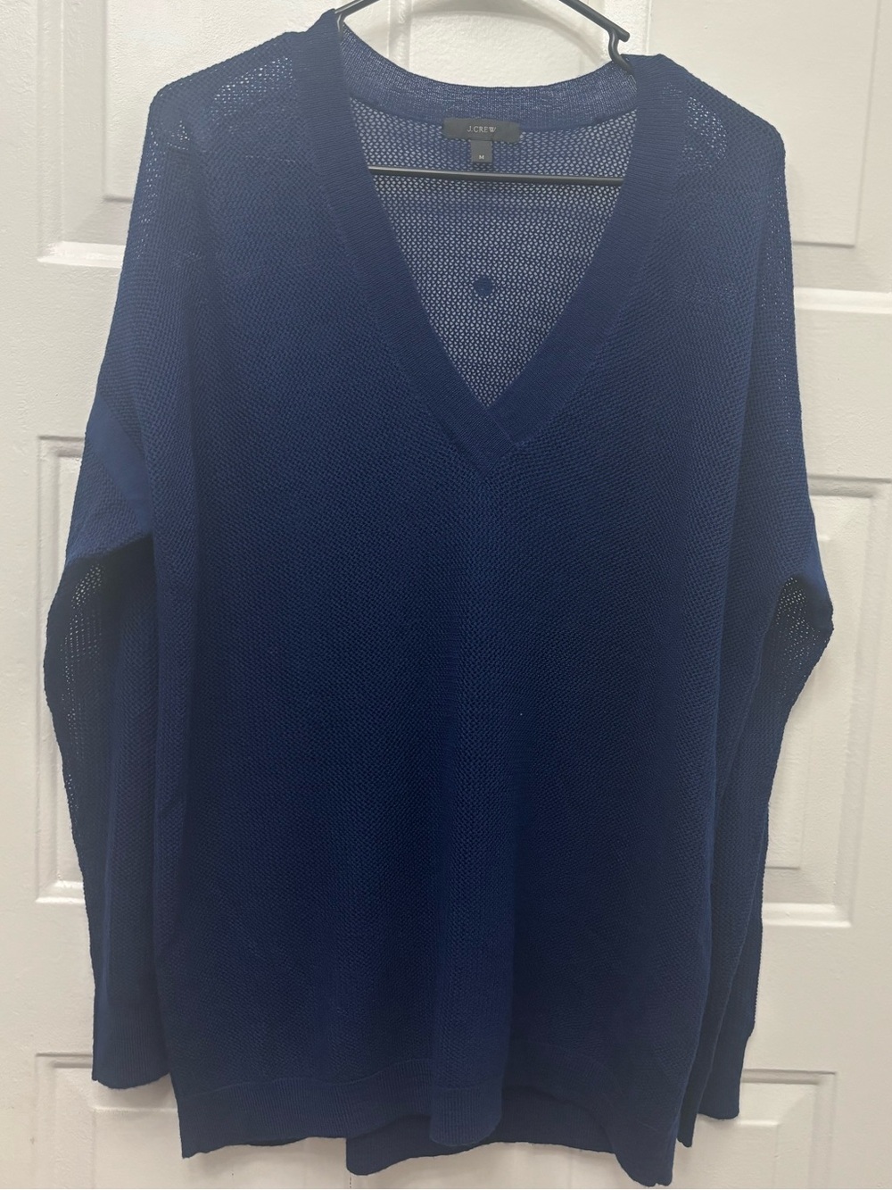 J. Crew Navy Open-Knit V-Neck Wool Sweater
